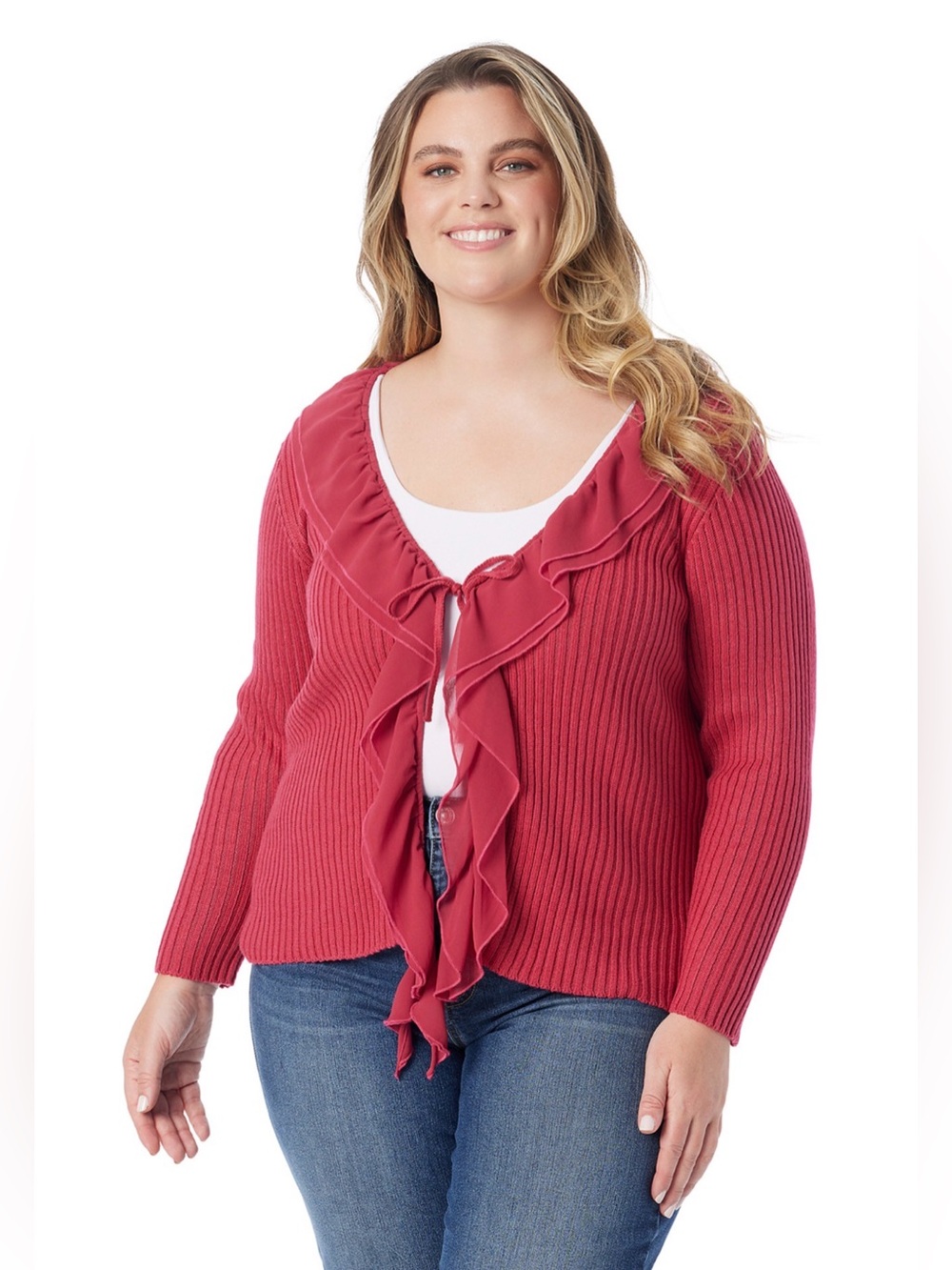 JESSICA SIMPSON Plus Size Ruffled Open-Front Plus-Size Sweater Cardigan - Rose